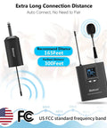 UHF Wireless Lavalier Microphone System With 165 Foot Range Rechargeable Transmitter And Receiver One Quarter Inch Output Perfect For iPhone DSLR Camera YouTube Recording And Live PA Speaker Setups, showing transmitter, receiver, and features