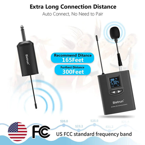 UHF Wireless Lavalier Microphone System With 165 Foot Range Rechargeable Transmitter And Receiver One Quarter Inch Output Perfect For iPhone DSLR Camera YouTube Recording And Live PA Speaker Setups, showing transmitter, receiver, and features