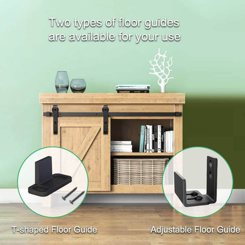 2 Ft Mini Barn Door Track Kit Black For Single Door Closet Cabinet Slick Black Finish, Heavy Duty Carbon Steel Rail With Quiet Nylon Rollers, Fits 0.8 To 1.125 Inch Door Thickness, Easy Install, Durable Sliding Barn Door System shown on wooden cabinet with floor guides.