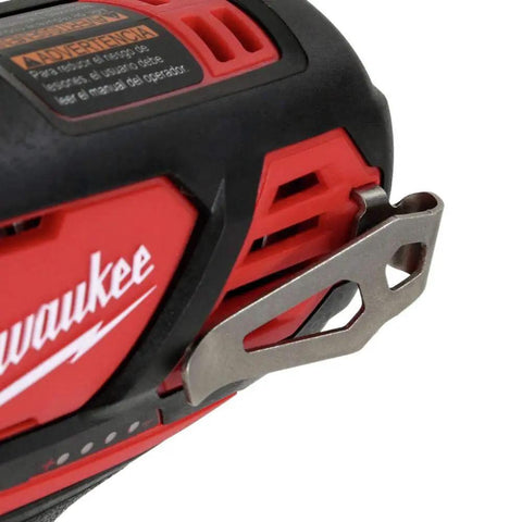 Built Tough 12 Volt Cordless Impact Wrench Kit With Dual Battery And Rapid Charger showing grip handle and metal belt clip detail.