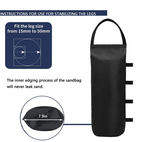 Beefed Up Canopy Sand Bags 112 Lbs 4 Pack Empty Weight Bags shown with fit and leakproof seam details