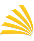 Set of five yellow 4 Inch Turkey Feather Arrow Vanes Left Wing Fletching arranged in fan shape for DIY archery and hunting.