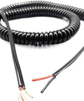 No Worries Two Core Coiled Power Cord With Quick Zip Spiral Extension Cable showing black spiral design with exposed wire ends.