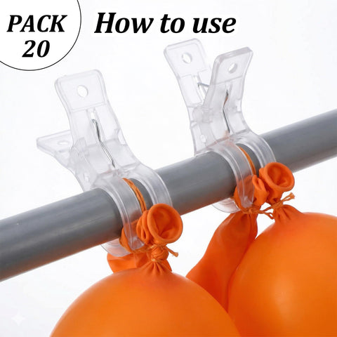 Clear 3.5 Inch Spring Clamps, Your Go-To Heavy Duty Transparent Clips for Balloon Arches, Backdrops, Party Decor, 20 Pack in Use
