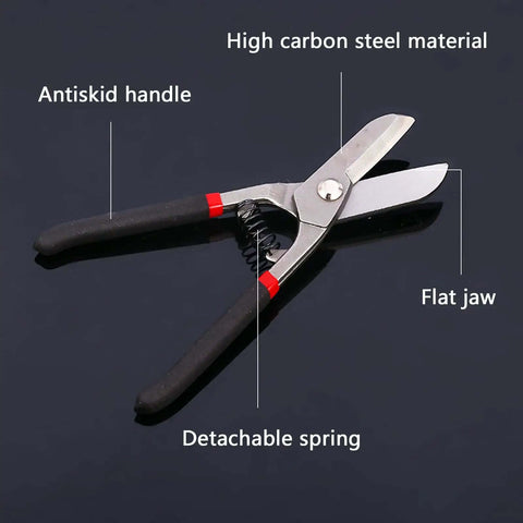 Heavy Duty Tin Snips For Straight Metal Sheet Cutting And Wire Cutting Ten And A Half Inch Metal Shears Built From CRV Steel shown on black surface