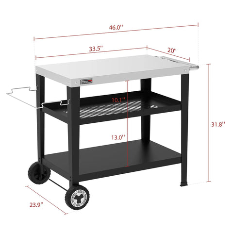 Rolling Dining Table With Trash Bag Holder For Outdoor Patio And BBQ Stainless Steel 34 Inch By 20 Inch Cart, side view showing dimensions.