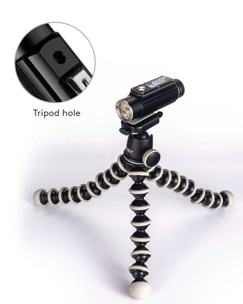 Angel Eyes E700S Beast Mode Bright 2800 Lumen Front Light mounted on a flexible tripod with tripod hole detail highlighted