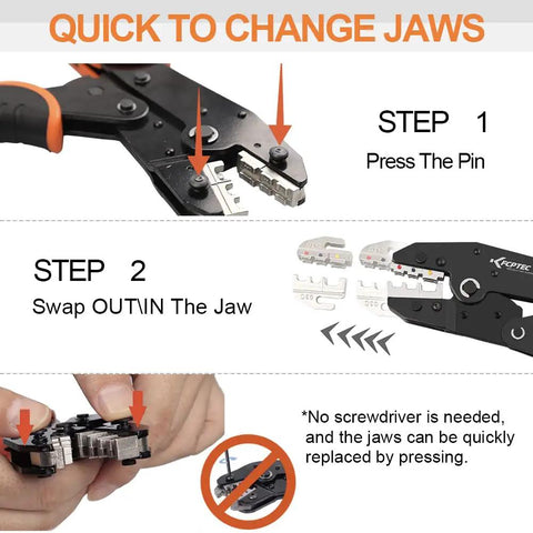 Illustration of 7 Piece Crimping Tool Set With Quick Exchange Jaw And Interchangeable Dies, Wire Stripper tutorial steps