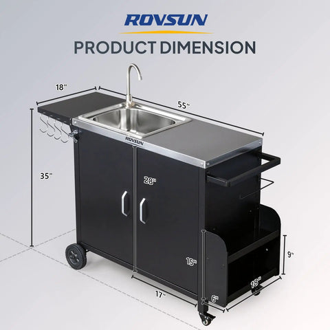 Outdoor Grill Cart With Movable Prep Table And 304 Stainless Steel Sink, Rolling Kitchen Island With Cabinet shown with dimensions