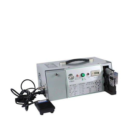 Genuine Heavy Duty Semi Auto Electric Terminal Crimping Machine With Tough As Nails Multi Jaw Design For Hella Fast Cold Wire Connector Crimping That Runs Smooth Without Any Drama, silver electric crimper.