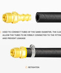 Beefy Brass Swivel Push On Hose Fittings 3/8 Barb To 5/8-18 Inverted Flare, 2 Pack With Rubber Ring Dust Seal, Heavy Duty Union For Fuel Air Liquid Gas Lines, Works With Automotive Marine Workshop Hoses, -65 To 250F, 150 PSI brass fitting on black hose with clamp