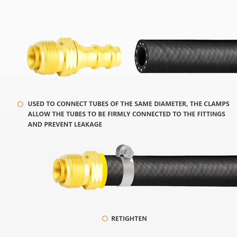 Beefy Brass Swivel Push On Hose Fittings 3/8 Barb To 5/8-18 Inverted Flare, 2 Pack With Rubber Ring Dust Seal, Heavy Duty Union For Fuel Air Liquid Gas Lines, Works With Automotive Marine Workshop Hoses, -65 To 250F, 150 PSI brass fitting on black hose with clamp