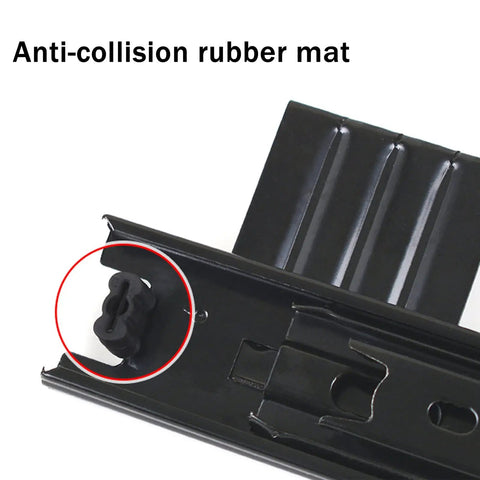 Two Pack Cabinet Drawer Slides With Telescoping Rails And Full Extension Three Fold Design Heavy Duty Steel Construction Rust Resistant Black Finish Removable Three Section Slides For Under Desk Keyboard Tray Smooth Quiet Glide anti-collision rubber mat detail