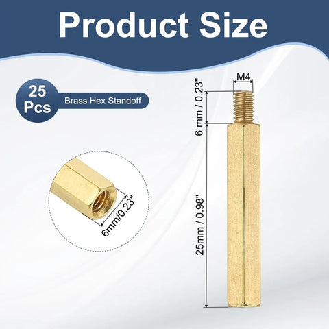 Badass M4 Brass Hex Standoffs 25 Pack Gold Spacers For Motherboards Circuit Boards And Drones Electronic Assembly Hardware with size details.