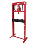 Front view of Beefy 12 Ton Hydraulic Shop Press with Movable Plate and 8 Hole Adjustable Height for Heavy Duty Bending and Bearing Removal Rugged Benchtop H Frame Press Built for Auto Repair and Straightening Tough Metalwork.