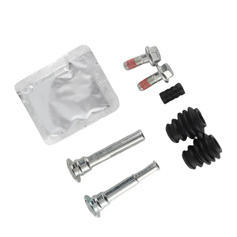 Top Tier Front Brake Caliper Guide Pin Kit With Heavy Duty Metal Slider Pins And Smooth Bushings For MK7 Service 2008 To 2022 OEM Match Replaces Part Numbers Like 113-1426X And D7110C So You Can Fix That Squeaky Rattling Noise And Keep Your Ride Safe On. Front brake caliper guide pin kit with metal pins, black bushings, and seal pack