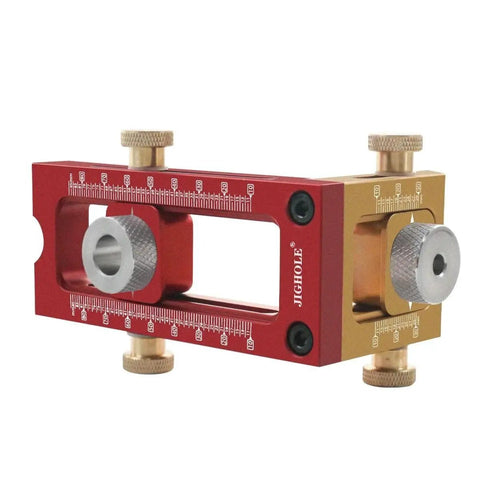 Pro Level 2 In 1 Cross Dowel Drill Guide Kit With Adjustable Pocket Hole Locator Precision Aligned Woodworking Jig in red and gold.
