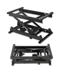 Heavy Duty Electric Scissor Lift Table With Adjustable Hydraulic Height And Wireless Remote Control in folded and raised positions.