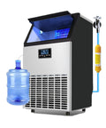 Portable Countertop Ice Cube Maker With Quiet Self Cleaning System and Sleek LED Panel, with water bottle, for home kitchens or offices.