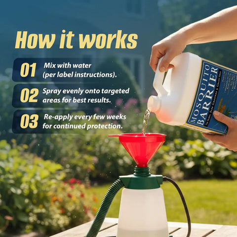 Person pouring Garlic Mosquito Repellent Concentrate For Lawns And Yards Easy Water Mix Outdoor Treatment into sprayer in garden.