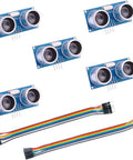 Five Pack HC SR04 Ultrasonic Distance Sensor Modules for Arduino with wiring, ideal for robotics and DIY projects