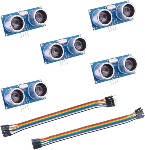 Five Pack HC SR04 Ultrasonic Distance Sensor Modules for Arduino with wiring, ideal for robotics and DIY projects