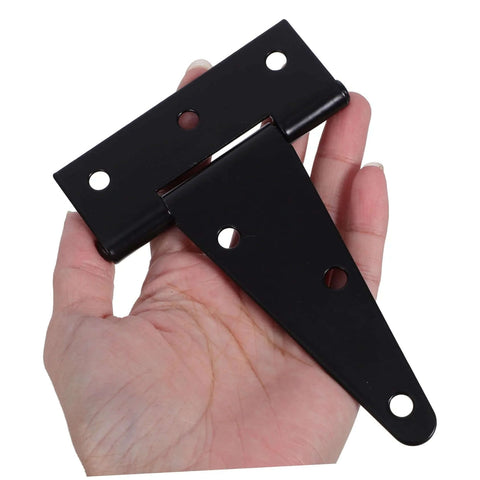 CATIEBYE two black heavy-duty slotted door hinges held in hand for outdoor gates and sheds