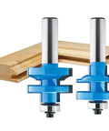 Top Shelf 1/2 Inch Carbide Router Bit Set for quick rail and stile door frames with tight cope and stick joints, showing blue bits and wood.