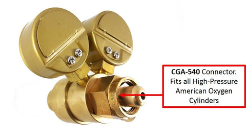 SÜA brass oxygen/propane regulator rear-entry CGA-540 connector, close-up