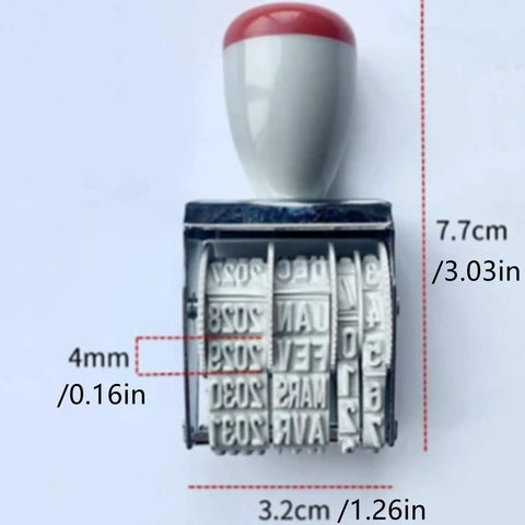 Slick Ergonomic Rubber Date Stamp With Comfortable Grip And Multifunctional Design For Scrapbooking And Office Documents, showing size and date settings.