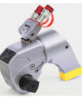 Heavy Duty Hydraulic Torque Wrench Built Like A Tank With Anti Corrosion Alloy Square Drive Featuring A No Hassle Rotating Reaction Arm And Badass High Pressure Grip For Pro Mechanics showing swivel arm and connection ports.