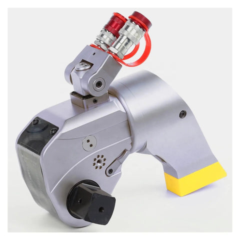 Heavy Duty Hydraulic Torque Wrench Built Like A Tank With Anti Corrosion Alloy Square Drive Featuring A No Hassle Rotating Reaction Arm And Badass High Pressure Grip For Pro Mechanics showing swivel arm and connection ports.