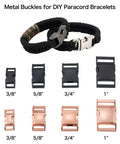 Various sizes of metal buckles for DIY paracord bracelets, including rose gold quick-release buckles on a black paracord bracelet.
