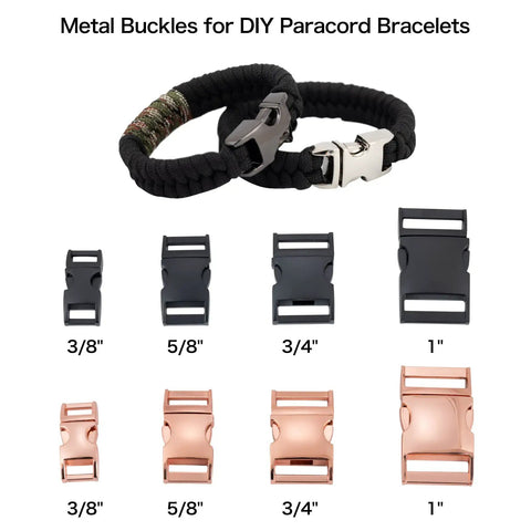 Various sizes of metal buckles for DIY paracord bracelets, including rose gold quick-release buckles on a black paracord bracelet.