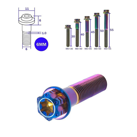 M6 Titanium Hex Bolts Set In Varied Lengths 30mm 40mm 45mm 50mm 55mm 1.0mm Thread Pitch Small Flange Head Grade 5 6Al4V Titanium Alloy.