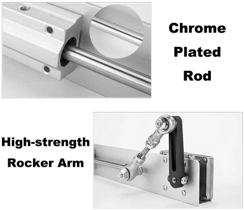 DC24V reciprocating linear actuator with chrome-plated rod; shown with high-strength rocker arm assembly.
