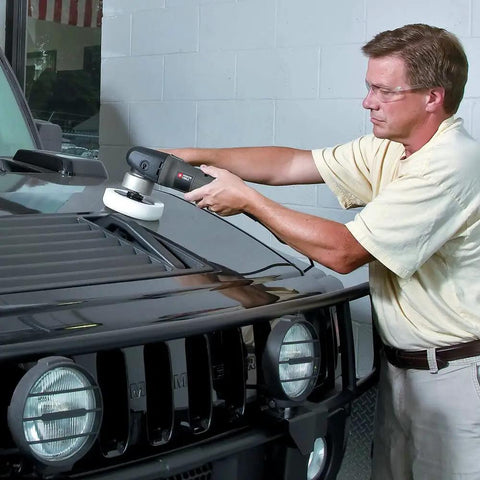 Man using Car Buffer Polisher For Detailing, 6 Inch Orbital Polisher With Variable Speed 2,500 To 6,800 OPM, 4.5 Amp AC Motor.