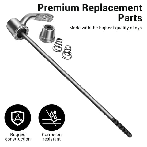 Rapid Dope Quick Release Wheel Skewer, silver, rugged and corrosion resistant, shown with components for indoor bike trainers.