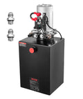 Front view of Beefed Up 12V DC Double Acting Hydraulic Power Unit For Dump Trailers, with 20 Quart Steel Reservoir.