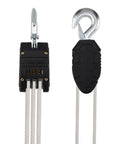 Close-up of the rope hoist 50 ft 5 to 1 block and tackle pulley system with zinc-plated steel hooks and polypropylene rope.
