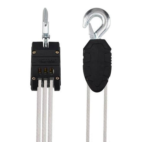 Close-up of the rope hoist 50 ft 5 to 1 block and tackle pulley system with zinc-plated steel hooks and polypropylene rope.