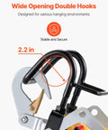 Electric hoist winch close-up of the hook jaw assembly with 2.2 in wide opening, black metal frame.