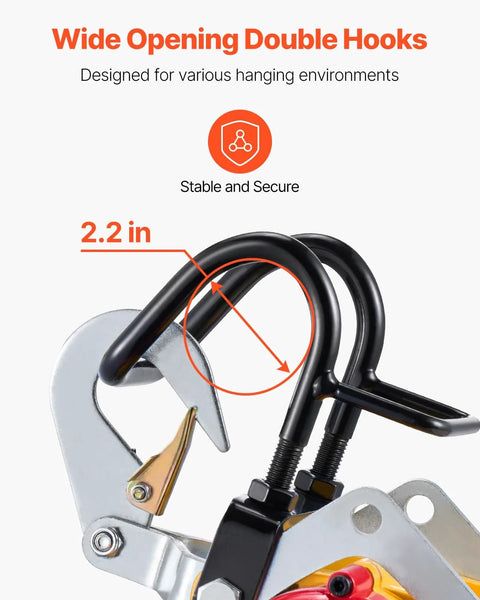 Electric hoist winch close-up of the hook jaw assembly with 2.2 in wide opening, black metal frame.