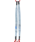 Heavy Duty Two Leg Bridle Web Sling Polyester Lifting Strap With Tough Steel Grab Hooks 6.56 Feet Long Rated For 17636 Lbs Capacity, shown with red steel hooks.