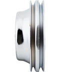 Side view of Chrome V Belt Pulley Set for Small Block Chevy Long Water Pump Accessory Drive with 1 Groove Upper 2 Groove Lower