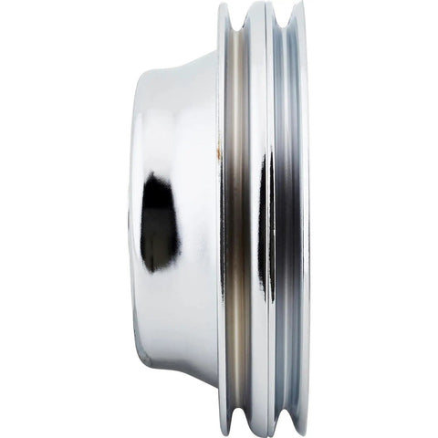 Side view of Chrome V Belt Pulley Set for Small Block Chevy Long Water Pump Accessory Drive with 1 Groove Upper 2 Groove Lower