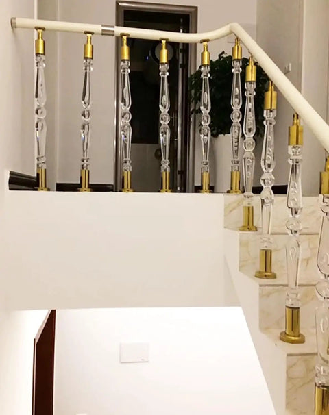 Premium Clear Acrylic Stair Spindles Deck Railing Kit With Slick Transparent Finish And Straight Up Easy Install Hardware For Modern Staircase Baluster Upgrade Kits featuring crystal clear balusters on staircase.