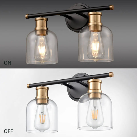 Dual Matte Black Wall Sconce Lights For Bathrooms With Clear Glass Shades And Antique Brass Finish, shown on and off
