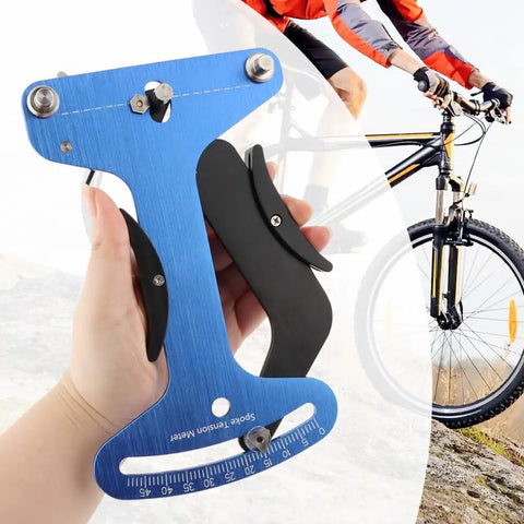 Dead On Bicycle Spoke Tension Meter For Road And City Bikes Heavy Duty Premium Aluminum Tensiometer held in hand for precise wheel truing.