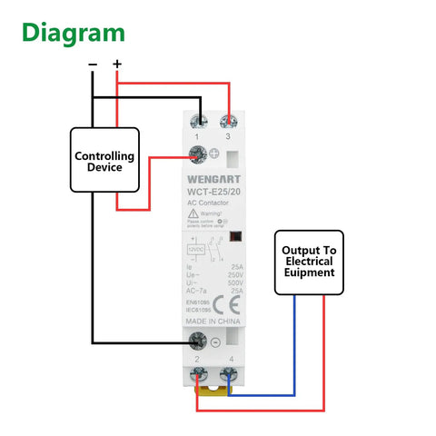 Wiring diagram for 12V DC Coil Contactor 25 Amp 2 Pole Normally Open Noise Free Switch For RV, Solar And Smart Systems.